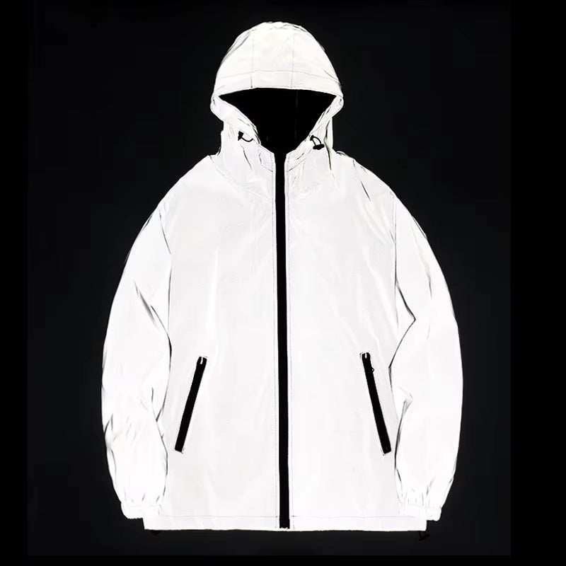 Night Reflective Jackets Double Fabric Windbreaker Hooded Jacket Men Hip Hop Dancer Singer Waterproof Zipper Coats Outwear