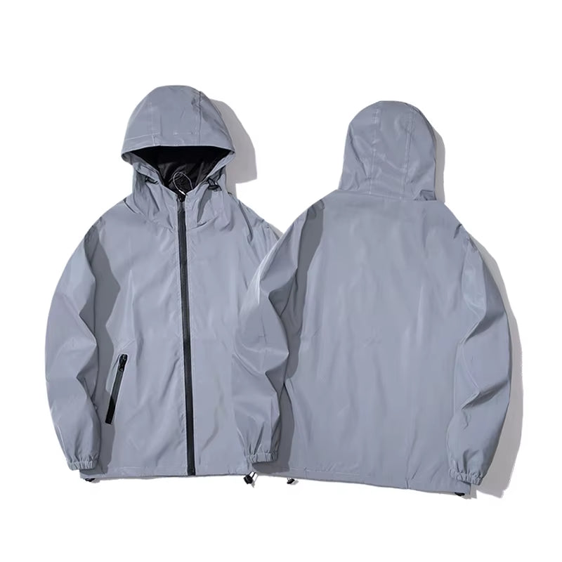 Night Reflective Jackets Double Fabric Windbreaker Hooded Jacket Men Hip Hop Dancer Singer Waterproof Zipper Coats Outwear